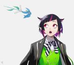  1boy asymmetrical_bangs bangs black_hair collared_shirt fangs flower lilia_vanrouge male_focus multicolored_hair necktie open_mouth pano_(mohayayamai) pink_eyes pink_hair pointy_ears school_uniform shirt short_hair solo streaked_hair twisted_wonderland two-tone_hair 