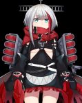  1girl admiral_graf_spee_(azur_lane) ass_visible_through_thighs azur_lane bangs belt black_background blue_eyes breasts cowboy_shot expressionless eyebrows_visible_through_hair fuki_to_takenoko iron_cross looking_at_viewer multicolored_hair red_scarf scarf short_hair_with_long_locks silver_hair simple_background small_breasts solo streaked_hair under_boob white_belt 
