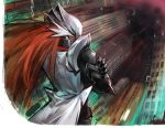  1boy black_gloves blue_eyes border brown_hair city coat crossed_arms disutihada duel_monster from_behind gloves highres kaibaman long_hair long_sleeves male_focus mask night outdoors solo white_border white_coat white_mask yu-gi-oh! 