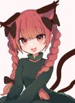  1girl :d ameshi_(rzuw4482) animal_ears bangs black_bow blush bow braid breasts cat_ears cat_tail commentary dress extra_ears eyebrows_visible_through_hair gradient_hair green_dress hair_bow highres kaenbyou_rin long_hair long_sleeves looking_at_viewer multicolored_hair multiple_tails nekomata open_mouth pointy_ears red_eyes redhead sidelocks simple_background small_breasts smile solo tail touhou twin_braids two_tails upper_body white_background 