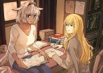  1boy 1girl animal_ears black_hairband blonde_hair blue_eyes blue_pants book bookshelf breasts brown_shirt caenis_(fate) cape chair character_doll chest_tattoo dark_skin desk eyebrows_visible_through_hair fate/grand_order fate_(series) grey_cape hairband kirschtaria_wodime large_breasts long_hair looking_at_another on_desk pants reading shirt sitting sitting_on_desk tattoo tsengyun very_long_hair violet_eyes white_hair white_shirt 