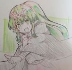  1girl :d bandaged_arm bandages betabetamaru cloak clutching_clothes colored_pencil_(medium) fang fire_emblem fire_emblem:_mystery_of_the_emblem green_eyes green_hair highres long_hair manakete open_mouth pointing pointy_ears ponytail sidelocks simple_background smile spot_color stone tiara tiki_(fire_emblem) traditional_media 