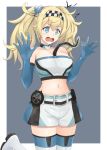  1girl alternate_costume between_breasts black_shorts blonde_hair blue_eyes blue_footwear blue_gloves blue_shorts boots breasts collarbone cowboy_shot eel elbow_gloves gambier_bay_(kantai_collection) gloves hairband highres kantai_collection kodama_(mmt_uf) large_breasts midriff multicolored multicolored_clothes multicolored_footwear multicolored_shorts navel short_shorts shorts skirt solo strapless thigh-highs thigh_boots tubetop twintails white_footwear white_shorts 