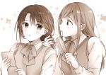  2girls adachi_sakura adachi_to_shimamura bow breasts comb greyscale hair_brushing hair_ornament hair_tie_in_mouth long_hair looking_at_another medium_hair mirror monochrome mouth_hold multiple_girls ousaka_nozomi school_uniform shimamura_hougetsu simple_background small_breasts sweater upper_body yuri 