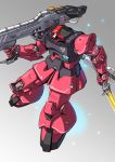  bazooka_(gundam) floating grey_background gun gundam highres holding holding_gun holding_sword holding_weapon looking_down mecha mobile_suit_gundam no_humans rick_dom_char_custom solo suzutsuki_kurara sword weapon zeon 