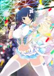  1girl blue_hair bob_cut bow breasts confetti fingerless_gloves flower frilled_skirt frills gloves hair_flower hair_ornament highres idol large_breasts microphone navel official_art panties pantyshot senran_kagura short_hair skirt stage stage_lights thick_thighs thigh-highs thighs underwear upskirt yaegashi_nan yozakura_(senran_kagura) 