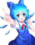  1girl :d arm_up bangs blue_bow blue_dress blue_eyes blue_hair blue_wings blush bow cirno collared_shirt detached_wings dress eyebrows_visible_through_hair hair_between_eyes hair_bow highres ice ice_wings looking_at_viewer open_mouth outstretched_arm pointing puffy_short_sleeves puffy_sleeves red_bow shirt short_sleeves simple_background sleeveless sleeveless_dress smile solo touhou v-shaped_eyebrows white_background white_shirt wings yuujin_(yuzinn333) 