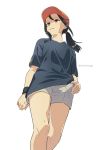  1girl anime_coloring artist_name black_hair blue_shirt closed_mouth commentary_request feet_out_of_frame from_below grey_eyes grey_shorts hair_tie hat highres ichimirenge long_hair looking_away orange_headwear original pleated_shorts ponytail shirt short_sleeves shorts sidelocks simple_background smile solo t-shirt tied_hair twitter_username white_background wristband 