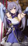  1girl armpits bangs bare_shoulders black_legwear blush bound bound_arms breasts chain detached_sleeves dress frills genshin_impact hair_ornament highres keqing_(genshin_impact) long_hair looking_at_viewer medium_breasts open_mouth purple_hair restrained sheita skirt solo twintails violet_eyes 