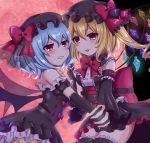  2girls :p alternate_costume ass back_bow bare_shoulders bat_wings black_dress black_gloves black_headwear blonde_hair blush bow bowtie breasts buttons commentary_request crystal detached_collar detached_sleeves dress elbow_gloves eyebrows_visible_through_hair flandre_scarlet frills gloves glowing hair_between_eyes hat hat_bow interlocked_fingers light_blue_hair looking_at_viewer medium_hair mob_cap moon multiple_girls one_side_up parted_lips petticoat red_bow red_eyes red_moon red_neckwear remilia_scarlet short_dress slit_pupils small_breasts subaru_(subachoco) thighs tongue tongue_out touhou transparent_wings v-shaped_eyebrows wide_sleeves wings 