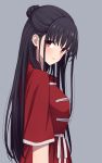  1girl bangs black_hair blush breasts chinese_clothes closed_mouth eyebrows highres long_hair looking_at_viewer original red_eyes short_sleeves simple_background sleeves solo yahiro_(epicopeiidae) 