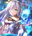  1girl anastasia_(fate) bangs blue_cloak blue_eyes blurry blurry_background cloak commentary crystal_skull depth_of_field dress english_commentary eyebrows_visible_through_hair fate/grand_order fate_(series) hair_over_one_eye hand_up highres holding holding_skull long_hair looking_at_viewer parted_lips royal_robe sakazakinchan silver_hair skull solo upper_body very_long_hair white_dress 