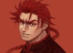  1boy alternate_costume bangs black_eyes chinese_clothes close-up eyeshadow face fate/grand_order fate_(series) frown li_shuwen_(fate) long_hair looking_at_viewer makeup orange_background parted_bangs parted_lips ponytail portrait redhead renga2250 spiky_hair thick_eyebrows upper_body 