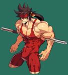  1boy bara bare_shoulders brown_hair bulge chest covered_abs cropped_legs guilty_gear headgear long_hair male_focus muscle na_insoo ponytail shiny shiny_skin simple_background sol_badguy solo spiky_hair thighs tight wrestling_outfit yellow_eyes 