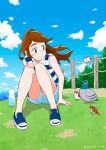  1girl bird blue_eyes blue_footwear blue_sky blush bottle brown_hair clouds cloudy_sky collared_shirt fence highres jupachi18 knees_up original outdoors plant shirt shoes shorts sitting sky sleeveless sleeveless_shirt smile solo striped striped_shirt tree twitter_username water water_bottle wind 
