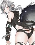  1girl ahoge arknights ass bare_shoulders black_panties brown_eyes commentary cowboy_shot crocodilian_tail highres large_tail long_hair long_sleeves looking_at_viewer panties pointy_ears poyano silver_hair simple_background smile solo tail thighs tomimi_(arknights) underwear white_background 