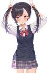 1girl bangs black_hair blush bow bowtie bunching_hair collared_shirt double_v eyebrows_visible_through_hair highres holding holding_hair izumo_neru long_hair long_sleeves original parted_lips plaid plaid_skirt school_uniform shirt skirt solo thighs v vest violet_eyes white_shirt