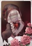  1girl absurdres bandaged_head bandages bandages_over_eyes border bow bowtie braid covered_eyes facing_viewer fewer_digits flower grey_hair hand_up head_tilt highres hood hood_up kuda_(okame_nin) long_hair okame_nin original parted_lips pink_flower pink_rose purple_skin red_neckwear rose smile solo tentacles upper_body white_border 