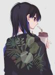  1girl bendy_straw black_hair black_hoodie brown_eyes closed_mouth colored_inner_hair cup drinking_straw floral_print from_behind highres holding holding_cup hood hood_down hoodie ka_(marukogedago) looking_to_the_side medium_hair multicolored_hair original profile purple_hair simple_background solo upper_body white_background 