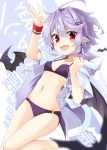  1girl akisome_hatsuka bat bat_wings bikini black_wings breasts drawstring fang hood hoodie light_purple_hair looking_at_viewer navel open_clothes open_hoodie open_mouth pointy_ears purple_bikini red_eyes remilia_scarlet skin_fang slit_pupils small_breasts smile solo stomach swimsuit touhou wings wristband 