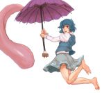  1girl :d aqua_hair bangs barefoot blue_eyes commentary commentary_request eyebrows_visible_through_hair feet full_body heterochromia highres holding holding_umbrella juliet_sleeves kuro_suto_sukii legs long_sleeves midair open_mouth puffy_sleeves purple_umbrella red_eyes shirt short_hair simple_background sketch smile soles solo tatara_kogasa toe_scrunch toes tongue touhou umbrella white_background white_shirt youkai 