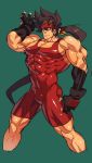  1boy bara bare_shoulders brown_hair bulge chest covered_abs covered_navel cropped_legs fingerless_gloves gloves guilty_gear headgear highres long_hair male_focus muscle na_insoo ponytail shiny shiny_skin simple_background sketch sol_badguy solo spiky_hair thighs tight wrestling_outfit yellow_eyes 