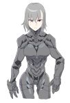  1girl android closed_mouth exoskeleton frown geee529 grey_hair hair_between_eyes highres original red_eyes scar scar_across_eye short_hair simple_background solo white_background 
