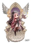  1girl :d absurdres black_eyes breasts brown_legwear candelabra candle chibi covered_navel dated detached_sleeves fantasy fire full_body garter_belt highres long_hair lumia_saga myo-zin nun open_mouth pink_hair small_breasts smile solo stained_glass standing very_long_hair white_background wings 