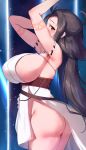  1girl armpits arms_up ass bare_shoulders body_markings breasts brown_eyes brown_hair dress facial_mark fate/grand_order fate_(series) forehead forehead_mark highres himiko_(fate) large_breasts long_hair looking_at_viewer magatama magatama_necklace sash side_slit sideboob thighs topknot twintails viral1112 white_dress 