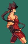  1boy armband ass bara bare_shoulders brown_hair chest covered_abs cropped_legs fingerless_gloves from_behind gloves guilty_gear headgear highres long_hair looking_at_viewer looking_back male_focus muscle na_insoo ponytail shiny shiny_skin simple_background sol_badguy solo spiky_hair thighs tight wrestling_outfit yellow_eyes 