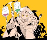  1girl black_headwear bright_pupils commentary dress hat highres intravenous_drip long_hair long_sleeves ma_sakasama matara_okina mismatched_pupils raised_eyebrow simple_background smile solo spot_color touhou wheelchair white_pupils wide_sleeves yellow_background yellow_eyes 