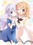  2girls ;d ;o bangs bare_arms bare_shoulders black_neckwear blue_dress blue_eyes blue_hair blush bow braid commentary_request dress eyebrows_visible_through_hair floral_background gochuumon_wa_usagi_desu_ka? hair_between_eyes hair_ornament hairclip hand_on_another&#039;s_shoulder highres holding_hands hoto_cocoa interlocked_fingers kafuu_chino long_hair looking_at_viewer massala multiple_girls neckerchief one_eye_closed open_mouth parted_lips puffy_short_sleeves puffy_sleeves sailor_collar sailor_dress short_sleeves sleeveless sleeveless_dress smile very_long_hair violet_eyes white_background white_bow white_dress white_sailor_collar x_hair_ornament 