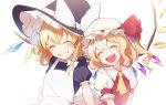  2girls ^_^ apron ascot black_dress blonde_hair blush bow braid closed_eyes commentary_request crystal dress eyebrows_visible_through_hair flandre_scarlet flat_chest frilled_hat frilled_shirt_collar frills happy hat hat_bow hat_ribbon head_tilt jill_07km kirisame_marisa medium_hair mob_cap multiple_girls one_side_up open_mouth puffy_short_sleeves puffy_sleeves ribbon short_hair short_sleeves simple_background single_braid smile touhou upper_body upper_teeth white_background white_bow wings witch_hat yellow_neckwear 