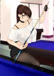  1girl bangs billiards black_bra black_choker black_shorts blue_eyes bra bra_through_clothes breasts brown_hair choker collarbone crop_top cue_stick earrings gloves hair_behind_ear hair_between_eyes high_ponytail highres holding_cue_stick indoors jewelry korean_commentary large_breasts midriff navel off_shoulder original pantyhose partly_fingerless_gloves pool_table see-through shirt shorts sitting sitting_on_table stick swept_bangs thighs underwear white_shirt zcune 