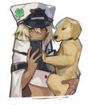  1girl animal cape cellphone clover dark_skin dog expressionless four-leaf_clover guilty_gear guilty_gear_strive hair_between_eyes hat_ornament holding holding_animal holding_dog holding_phone medium_hair midriff phone platinum_blonde_hair puppy ramlethal_valentine self_shot smartphone solo_focus uncle_rabbit_ii white_background white_headwear yellow_eyes 