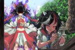  2girls anger_vein angry aura bare_shoulders black_hair blue_neckwear blush bow closed_eyes clouds coin commentary cuffs dark_aura death_flag detached_sleeves eyebrows_visible_through_hair frilled_bow frills frown hair_bow hakurei_reimu hidden_eyes horns kijin_seija long_hair midriff multicolored_hair multiple_girls navel nontraditional_miko red_bow red_shirt red_skirt redhead rope sack shaded_face shirt short_hair skirt smile streaked_hair sunyup theft tongue tongue_out touhou tree white_hair white_shirt yellow_neckwear 