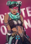  1girl 2gou :p alternate_costume alternate_hair_color apex_legends arms_at_sides bandana bare_shoulders breasts brown_eyes brown_gloves brown_lips brown_lipstick commentary_request dark_skin double_bun earrings eyelashes facepaint gloves green_hair green_scarf hair_ornament highres jewelry lifeline_(apex_legends) lips lipstick looking_at_viewer makeup navel nose reclining scarf short_hair shoulder_tattoo skull_hair_ornament small_breasts solo stomach strapless suspenders tattoo tongue tongue_out tubetop 