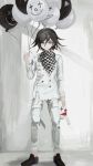  1boy ako_(td110349-7517) balloon bangs black_footwear black_hair checkered checkered_scarf closed_mouth dangan_ronpa grey_eyes hair_between_eyes highres holding holding_mask long_sleeves male_focus mask new_dangan_ronpa_v3 ouma_kokichi scarf solo standing straitjacket 