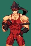  1boy armband bara bare_shoulders brown_hair bulge chest covered_abs covered_navel cropped_legs fingerless_gloves gloves guilty_gear hand_on_hip headgear long_hair male_focus muscle na_insoo ponytail shiny shiny_skin simple_background sol_badguy solo spiky_hair thighs tight wrestling_outfit yellow_eyes 