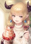  +_+ 1girl :d absurdres blonde_hair blurry blurry_background blush demon_horns depth_of_field earrings fangs food fruit hair_ribbon highres holding horns ice_cream_spoon incoming_food jewelry long_hair looking_at_viewer offering okame_nin open_mouth original pointy_ears raglan_sleeves red_ribbon ribbon smile solo spoon strawberry sweater upper_body urushia_(okame_nin) violet_eyes white_sweater 