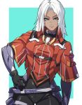  1girl aqua_background black_gloves breasts cowboy_shot dark_skin elma_(xenoblade_x) gloves hand_on_hip houjoh_(7th-heaven) small_breasts solo white_background white_hair xenoblade_chronicles_(series) xenoblade_chronicles_x 