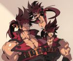  1boy bara bare_shoulders belt_buckle brown_hair buckle chest cigarette collage covered_abs guilty_gear harness headgear long_hair male_focus multiple_views muscle na_insoo open_clothes ponytail shiny shiny_skin simple_background sleeveless sol_badguy spiky_hair teeth tight veins yellow_eyes 