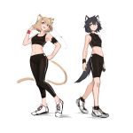  2girls :d animal_ear_fluff animal_ears bangs bare_shoulders black_hair black_legwear black_pants black_shorts breasts brown_eyes brown_hair cat_ears cat_girl cat_tail cellphone closed_mouth commentary_request crop_top deel_(rkeg) eyebrows_visible_through_hair hair_between_eyes hand_on_hip hand_up highres holding holding_phone lisa_(deel) looking_at_viewer multiple_girls navel open_mouth original pants phone ramn red_eyes shadow shoes short_hair shorts small_breasts smile socks standing tail white_background white_footwear 