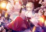  1girl absurdres ahoge bangs black_bow blonde_hair bow cherry_blossoms day fate/grand_order fate_(series) floating_hair hair_between_eyes hair_bow hakama highres japanese_clothes kagachi_sk kimono koha-ace long_sleeves looking_at_viewer okita_souji_(fate) okita_souji_(fate)_(all) okita_souji_(koha/ace) outdoors petals pink_flower pink_kimono red_hakama shiny shiny_hair short_hair smile solo standing wagashi wide_sleeves yellow_eyes 