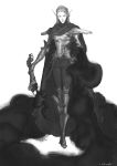  1boy armor breastplate cape clawed_gauntlets disembodied_limb elf fantasy gauntlets greaves greyscale hair_slicked_back highres holding holding_arm long_hair male_focus monochrome original pauldrons pointy_ears shadow sheath sheathed shoulder_armor signature simple_background sketch skiorh solo standing sword vambraces weapon white_background 