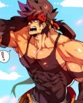  ! 1boy bara bare_shoulders black_tank_top brown_hair chest covered_abs guilty_gear headgear highres long_hair male_focus muscle na_insoo ponytail shiny shiny_skin simple_background sol_badguy solo spiky_hair spoken_exclamation_mark sweatdrop tank_top tight yellow_eyes 