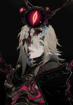  1boy armor artist_name bishounen black_background body_horror breastplate cape corruption elf extra_eyes eyeball hair_between_eyes highres kaninn link long_hair looking_up malice_(zelda) one_eye_covered parted_lips pointy_ears signature solo the_legend_of_zelda the_legend_of_zelda:_breath_of_the_wild twitter_username upper_body 