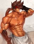  1boy abs bara bare_chest brown_hair chest guilty_gear headgear highres long_hair male_focus muscle na_insoo naked_towel navel nipples ponytail sauna shiny shiny_skin simple_background sol_badguy solo spiky_hair sweat tight towel yellow_eyes 