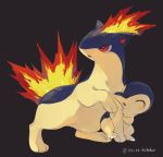  artist_name commentary_request cyndaquil fire flame gen_2_pokemon hideko_(l33l3b) highres open_mouth pokemon pokemon_(creature) quilava red_eyes simple_background starter_pokemon tongue watermark yellow_fur 