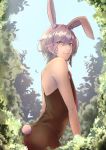  1boy animal_ears asagiri0700 ass bare_arms blue_sky bunny_tail closed_mouth commentary_request crossdressinging earrings eyebrows_visible_through_hair forest green_eyes highres holostars jewelry leaf light_brown_hair male_focus male_playboy_bunny nature necktie off_shoulder outdoors pants rabbit_ears red_neckwear rikka_(holostars) short_hair sky smile solo tail virtual_youtuber 